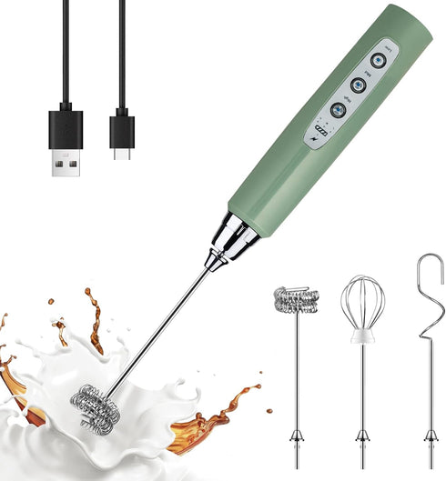 YUSWKO Granite Green Handheld Milk Frother Wand for Coffee, Rechargeable Electric Whisk with 3 Heads 3 Speeds Drink Mixer Coffee Frother For Latte...