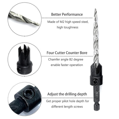 5pcs Wood Tapered Countersink Drill Bit Set Hex Shank Screw Drill Counter Sink Bit 7/64", 9/64",11/64", 3/16", 7/32" Adjustable Drilling Tool Kit ...