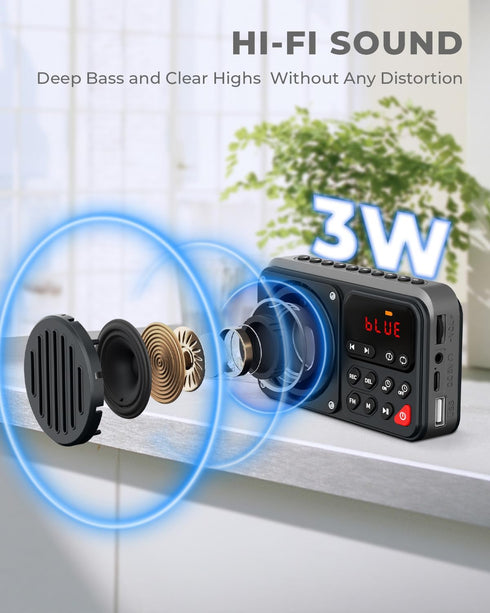 PRUNUS 405 Rechargeable FM Radio • Bluetooth Speaker • TF Card and USB • 1500mah battery • Earphone Jack • Auto power on/off • Clock• Recording(No...