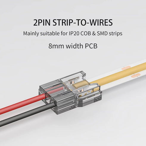 COB LED Light Strip Connectors 20pcs 8mm 2Pin Strip to Wires LED Tape Light Connectors,Transparent Solderless No Dark Area for LED Lights Connecto...