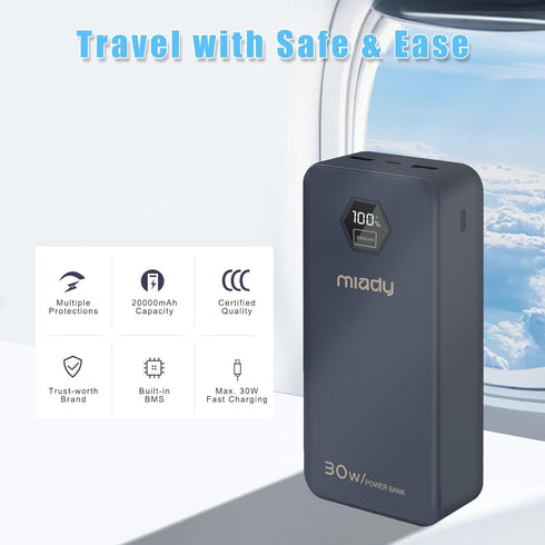 Miady Portable Charger, 20000mAh Travel Battery Pack with LED Display 30W PD Fast Charging Power Bank with 3 Outputs & USB C Input Compatible with...