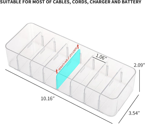Yesesion Clear Plastic Cable Organizer Box with Adjustment Compartments, Desk Accessories Storage Case with 10 Wire Ties for Drawer, Office Suppli...