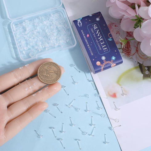 SUNNYCLUE 1 Box 200Pcs Clear Earring Posts Resin Stud Earring Findings Flat Resin Safety Tiny Round Head Transparent Stud Earring Pins Blank Earri...