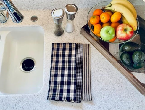 fillURbasket Black Farmhouse Kitchen Towels Set of 3 Striped Buffalo Checked Plaid Dish Towels Black and Tan Towels for Decor Dishing Drying Cotto...