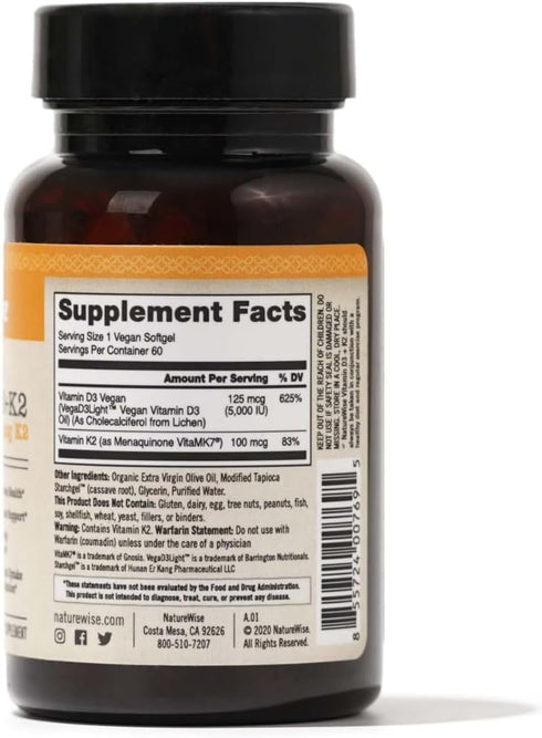 NatureWise Vitamin D3 + K2 with Plant Based Vitamin D3 5000IU & 100mcg Vitamin K2 as MK-7 - Max Absorption - Vegan Non-GMO - Immune Support - with...
