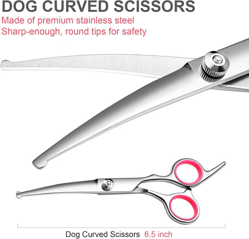 Dog Grooming Scissors with Safety Round Tips Stainless Steel Professional Dog Grooming Kit - Thinning, Curved Scissors and Comb for Dog Cat Pet...