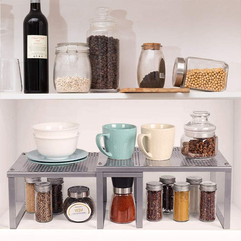 NEX Kitchen Shelf Organizer for Counter Cupboard Pantry, Set of 2 Cabinet Shelf Organizer Spice Rack, Stackable, Metal, Silver...