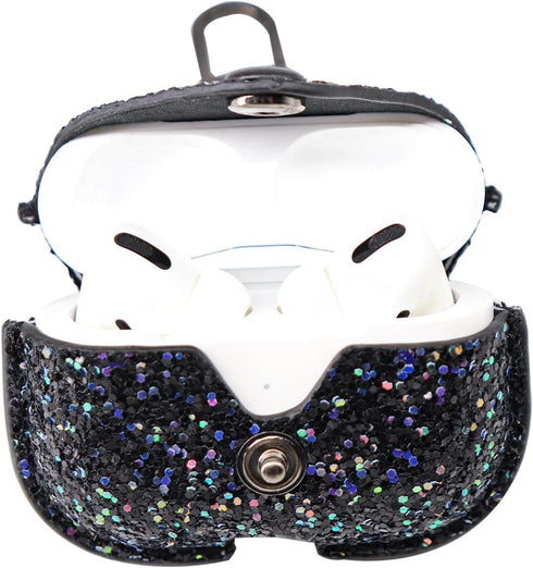 for Airpods Pro Carrying Case Cover Glitter with Sequins PU Leather Protective Case for Apple Airpod Pro Charging Case Girls Women Bling Skin Prot...
