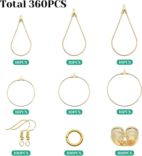 YaeYur 360pcs Beading Earring Supplies 60pcs Teardrop Round Beading Hoop Earrings 100pcs Beading Earring Hooks 100pcs Open Jump Rings 100pcs Butte...