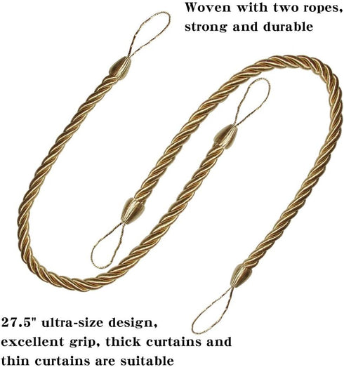 BEL AVENIR Curtain Ropes Tiebacks Tie-Backs, Curtain Handmade Holdbacks with 2 Metal Screw Hooks - Golden 2 Pack...
