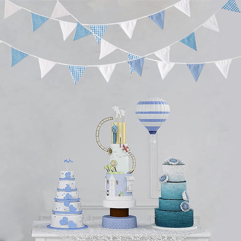 32Ft Blue White Plaid Dot Fabric Bunting Banner Triangle Flags Cotton Garland Pennant for Birthday Wedding Baby Shower Engagement Tea Party Classr...
