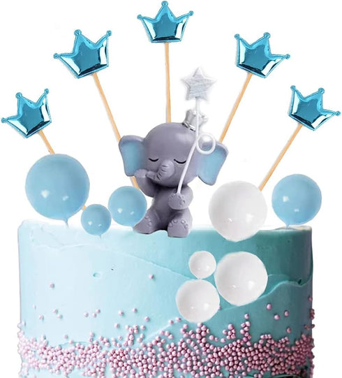 Newmemo Elephant Cake Toppers Balls Cake Decorations with Mini Elephant Blue Crown Cake Picks for Boy Girl Baby Shower Birthday Party Decorations...