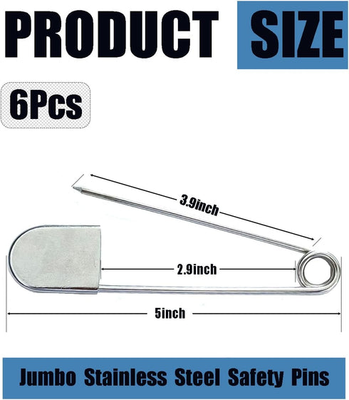6 Pack Large Safety Pins, 5 Inches Heavy Duty Stainless Steel Oversize Safety Pins, Extra Large Pins for Blankets, Heavy Laundry, Crafts and Decor...