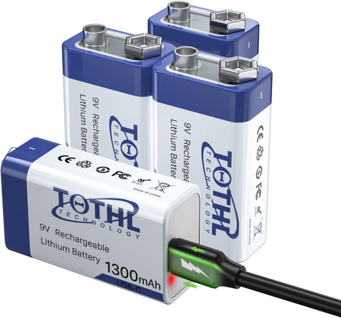 9V Rechargeable Batteries, 4-Packs USB 9 volt lithium batteries 1300mAh ?11700 mWh?Long Lasting Li-ion 9 volt battery for smoke alarms, Multimeter...