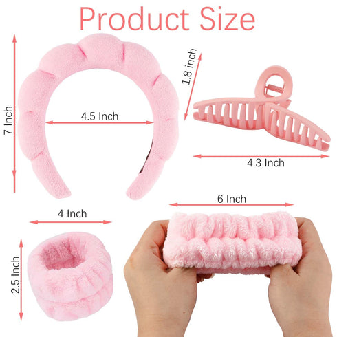 4pcs Face Wash Headband and Wristband Set Pink Wrist Bands for Washing Face Sponge Makeup Headband Puffy Skincare Head Band Terry Cloth Spa Hairba...