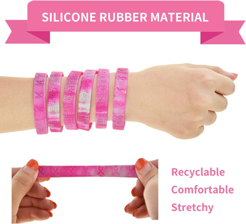 Bundle of 48 Pcs Die Cut Pink Ribbon Stickers and 48 Pcs Pink Ribbon Camouflage Breast Cancer Awareness Bracelets in 2 designs, Faith Courage Beli...