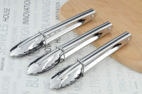 Mini Stainless Steel Food Tongs with Silding Rings 7-Inch - Set of 6 - Small Clam Shell Service Tongs for Serving Appetizers, Desserts, Salads, Ba...