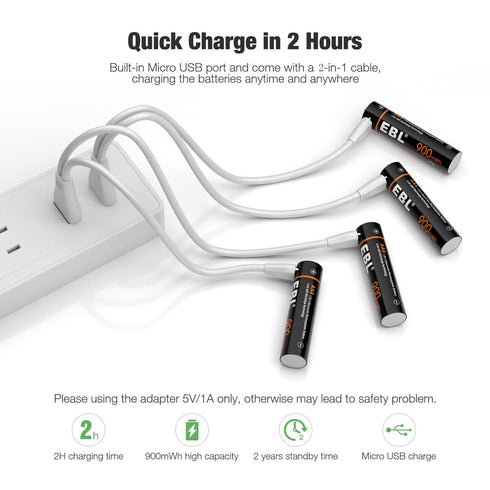 EBL Rechargeable AAA Lithium Batteries 1.5V AAA Battery 900mWh USB Rechargeable Batteries - 4 Pack...