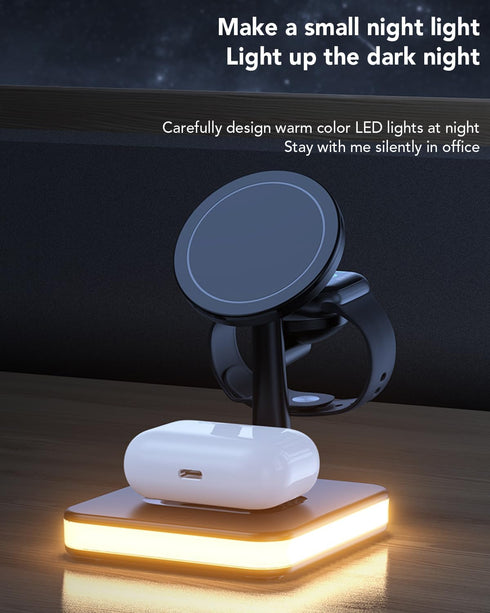 4 in 1 Wireless Charging Station with Light for Apple,Magnetic Wireless Charger Stand for iPhone 15/14/13/12,Apple Watch Series 9/8/7/Ultra 2/SE 2...
