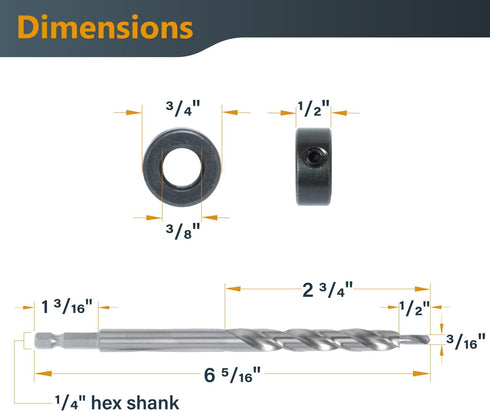 POWERTEC 71933-P2 1/4" Hex Shank Pocket Hole Drill Bit, Replacement Twist Step Drill Bit with Depth Stop Collar for Pocket Hole Jig System, Precis...