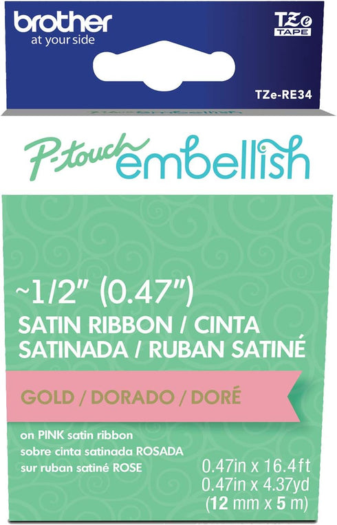 Brother P-touch Embellish Gold Print on Pink Satin Ribbon TZERE34 ~½” Wide x ~13.1’ Long for use with P-touch Embellish Ribbon & Tape Printer...