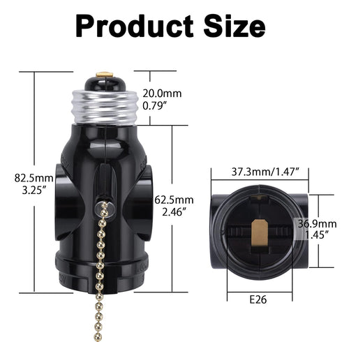 DiCUNO UL Listed E26 to 2 Polarized Outlet Socket Adapter, Pull Chain Switch Control Light Bulb, Standard (Medium) E26 Base to 2-Prong Outlet Plug...
