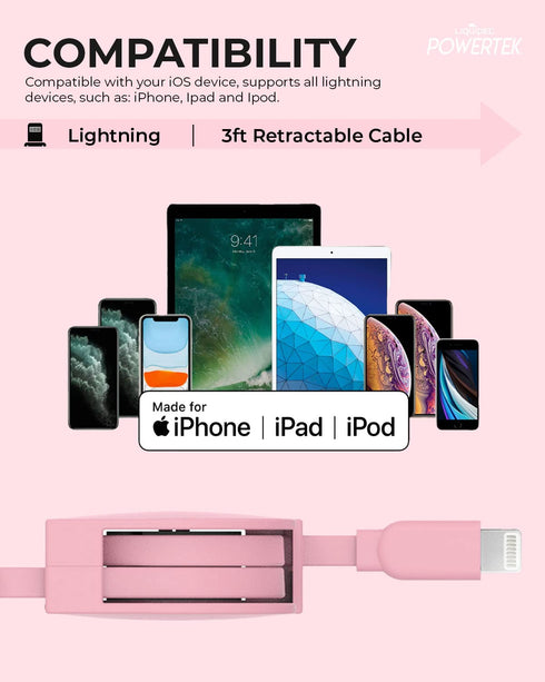 LIQUIPEL Powertek Retractable MFi Certified Charger Compatible for Apple iPhone, iPad, 3ft Cable, Lightning to USB Cable Cord, Fast Charging Light...