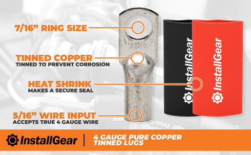 InstallGear 4 Gauge AWG Tinned Pure Copper Lugs Ring Terminals Connectors with Heat Shrink - 10-Pack | Electrical Connectors, Heat Shrink Wire Con...
