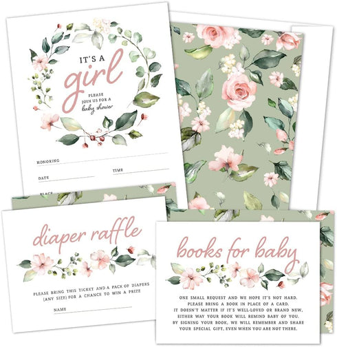 Hat Acrobat Set of 25 Baby Shower Invites for Girl - Floral Girl Baby Shower Invitations, Diaper Raffle Tickets, Book Request Cards and Envelopes ...