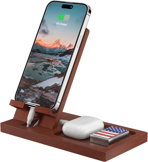 Cell Phone Stand with Tray, Wood Phone Docking Station for Men, Phone Holder for Desk, Men's Docking Station and Organizer, Wooden Desk Organizer...