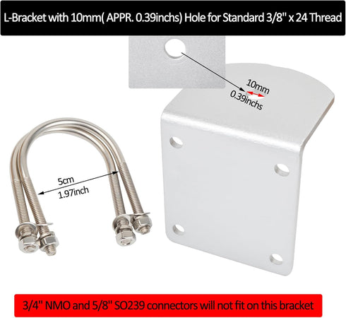 HYS Universal CB Antenna Mount W/ SO239 Stud, Antenna Mast Pole Mount Kits Heavy Duty 2pcs U-Bolt Clamp Bracket, L-Bracket with 10mm(APPR. 0.39inc...