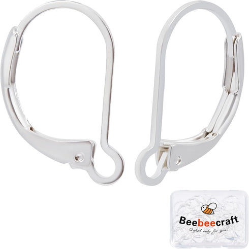 Beebeecraft 1 Box 50Pcs Leverback Earring Findings 925 Sterling Silver Plated Clasp Earring Hooks 15.5x10mm Ear Wire Clip Earring Connector for Je...