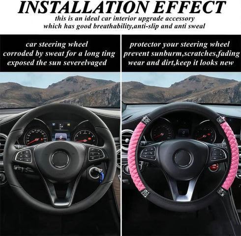 Soft Leather Car Steering Wheel Cover with Sparkly Crystal Diamond, Universal 15 Inch Colorful Rhinestones Elastic Steering Wheel Covers for Women...