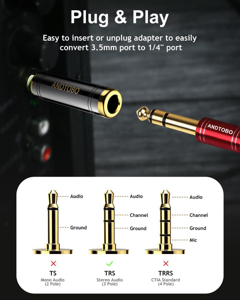 ANDTOBO 3.5mm Male to 1/4'' Female Stereo Pure Copper Headphone Adapter,3.5mm(1/8'') Plug Male to 6.35mm (1/4'') Jack Female Stereo Adapter for He...
