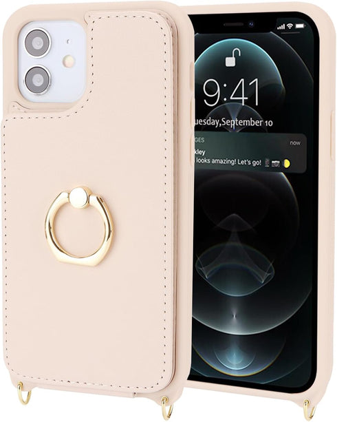 for iPhone 11 Phone Case with Card Holder and Strap for Women,Crossbody Lanyard,Kickstand Ring Stand,Snap Clasp,Phone Wallet Cases 6.1 inch(Beige)...