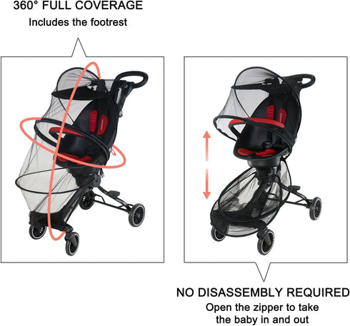 Stroller Mosquito Net Cover, High Density Bug Net Cover with Dual Zippers Universal & Breathable Insect Net for Strollers with Pushing Bar (Black)...