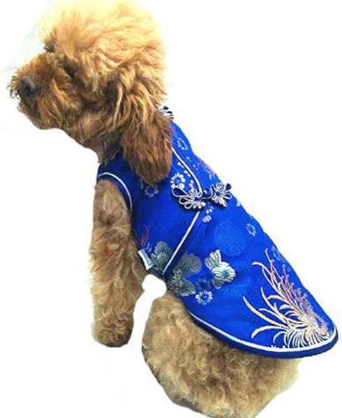 SEIS Pet Costume Tang Suit Dog Cheongsam Satin Clothes Chinese Style Clothing for Dogs Pet Skirt Puppy Cats Dress Dog Vest Tshirt (Blue, S)...