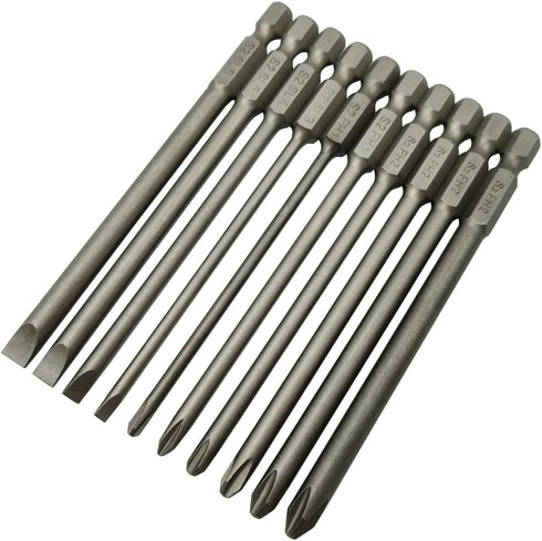 Long Slotted Head and Cross Phillips Screwdriver Bit Sets with 1/4 Inch Hex Shank 4 inch Lenght 4pcs Slotted Head and 6pcs Philips Cross Head Scre...