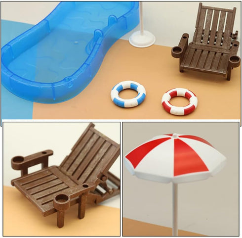 Toyvian 2 Sets Doll House Swimming Pool Swimming Ring Folding Beach Sunbath Chair Simulation Miniature Craft Furniture Pool Toys Photo Props for D...