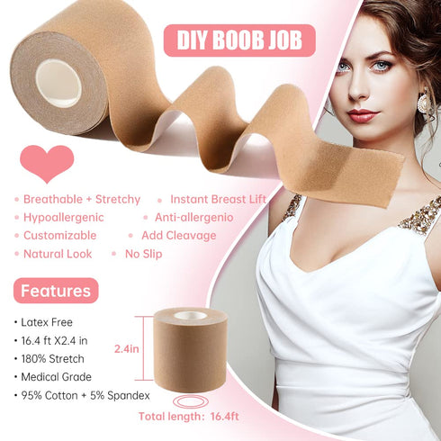 Boob Tape, Breast Lift Tape, BoobyTape for A to E Cup, Self Adhesive Bra Tape, Body Tape, Chest Support for Any Size, Push Up in All Dress Nude...