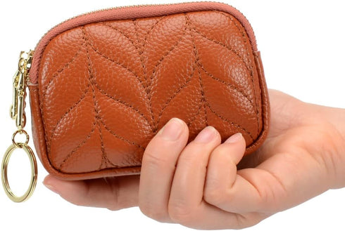 Small Coin Purse For Women Leather Change Pouch Wallet Double Zipper Card Holder with Key Chain...