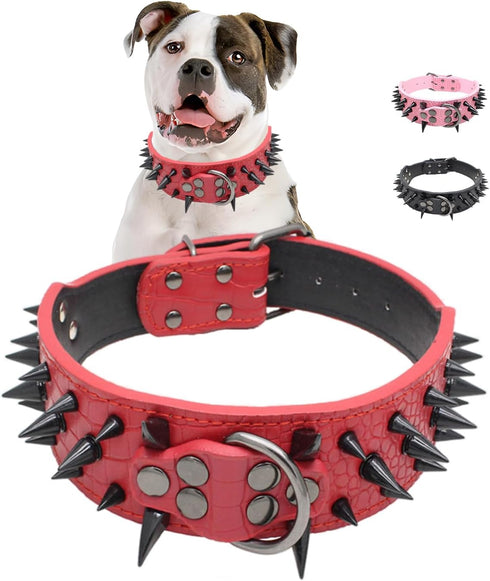 Spiked Dog Collar, Sharp Spike Studded Anti-Bite Protect Pets Neck Adjustable for Medium Large Breed Dogs as Mastiff Pitbull Pug Bulldog, Black Ri...