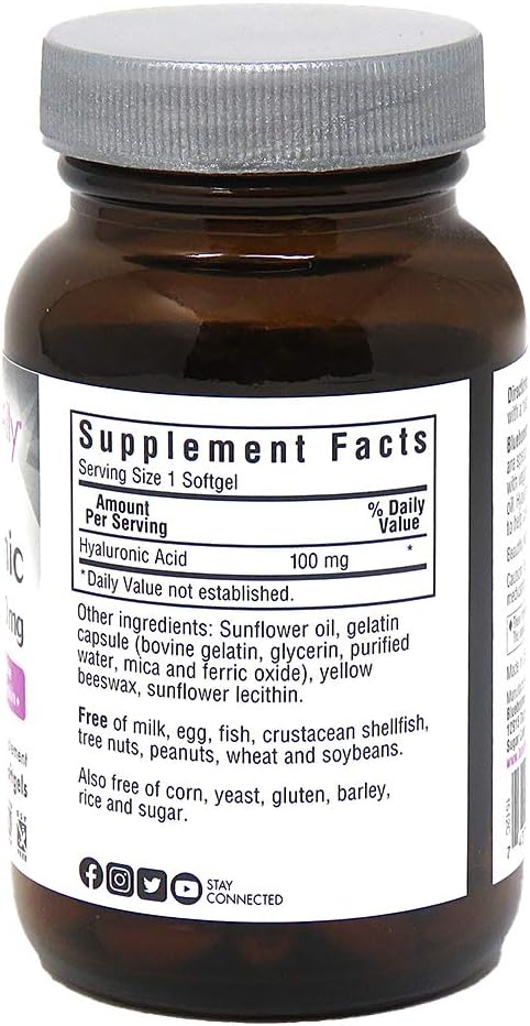 Bluebonnet Nutrition Beautiful Ally Hyaluronic Acid 100mg, Nurture Radiant Skin*, Non-GMO, Gluten-Free, Soy-Free, 90 Softgels, 90 Servings...