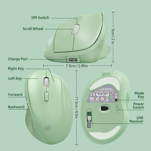 Micropack Vertical Mouse Multi-Device, 3-Mode Bluetooth 5.0 & 3.0 Mouse 2.4G Wireless Mouse with Adjustable DPI & Silent Click for Laptop, MacBook...