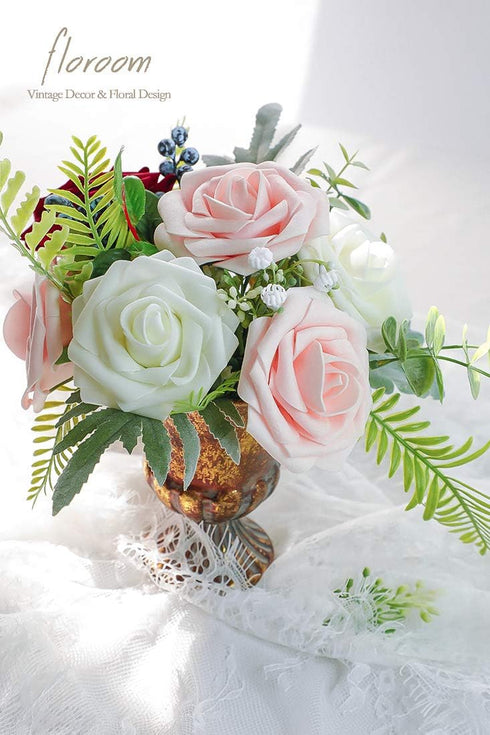 Floroom Artificial Flowers 50pcs Real Looking Blush Foam Fake Roses with Stems for DIY Wedding Bouquets Pink Bridal Shower Centerpieces Floral Arr...