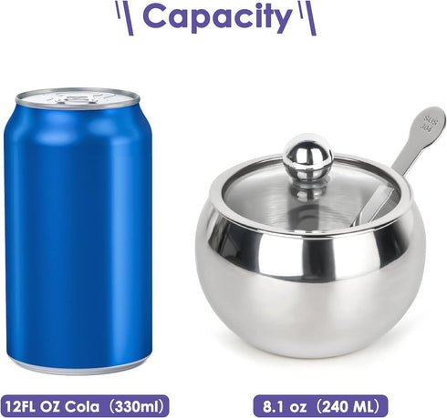 asika Sugar Bowl, Stainless Steel Sugar Pot with Clear Lid and Spoon, Drum Shape Small Condiment Container for Home and Kitchen, 8.1 Ounces(240 Mi...
