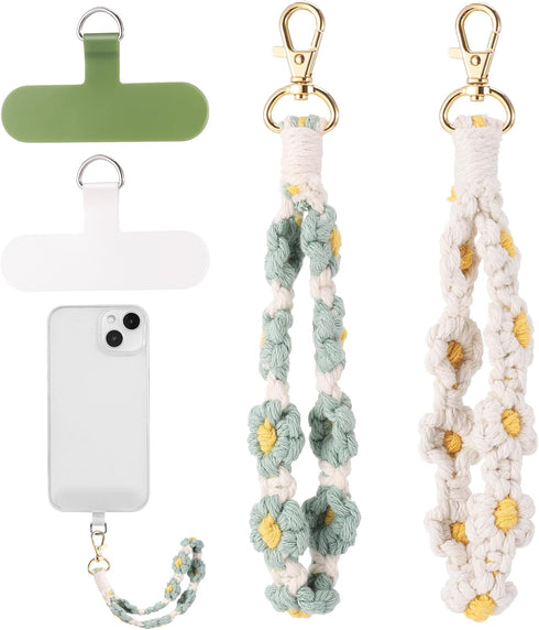 2 PCS Boho Macrame Phone Wrist Strap, Cute Cell Phone Lanyard with Tether Tab Floral Smartphone Wristlet Bracelet Keychain Anti Theft Strap for Wo...