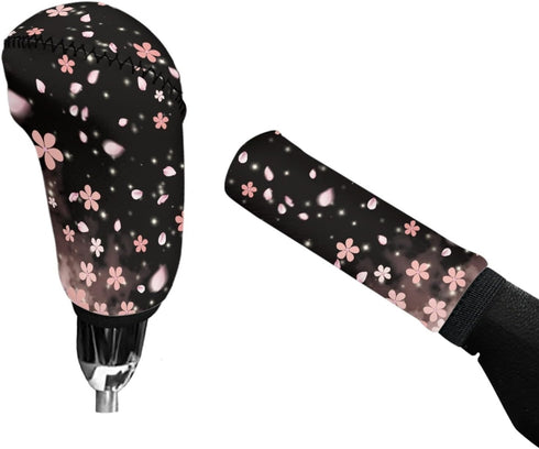 Cherry Blossoms Car Gear Shift Knob Cover with Handbrake Cover, Universal Fit 2 Piece Vehicles Handbrake Cover Gear Shift Knob Cover Set for SUV V...