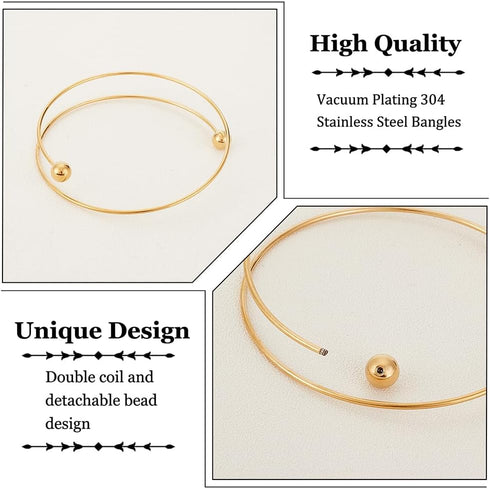 OLYCRAFT 10pcs 2.5 Inch Expandable Blank Bangle Bracelets with Removable Ball Bead - Gold & Silver Stainless Steel Wire Bangle Blank Cuff Bracelet...