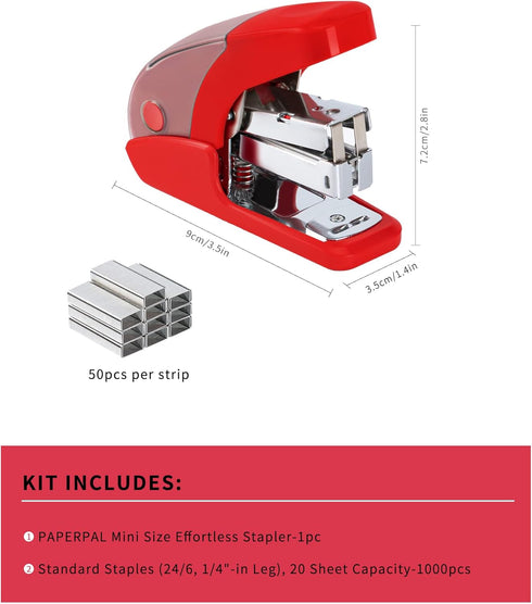 Effortless Mini Stapler Set, 20 Sheet Capacity, Integrated Remover & Staple Storage, Holds 1/4" Staples, includes 1000 Staples, Lightweight, Offic...